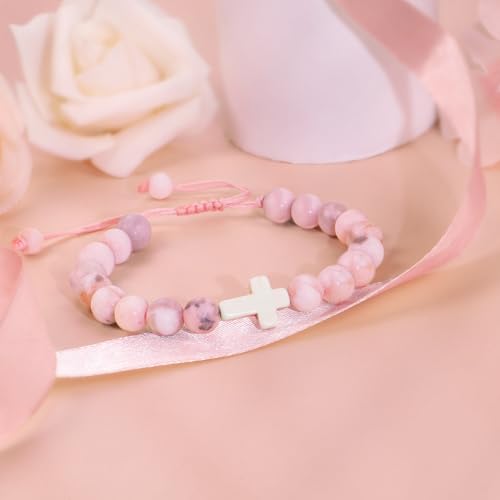 Sereney سوار صليب سيريني للفتيات، أساور وردية قابلة للتعديل كهدية عيد ميلاد للفتيات، هدايا دينية كاثوليكية مسيحية للمعمودية والتأكيد والقداس الأول كهدية عيد الميلاد للفتيات المراهقات - Image 4