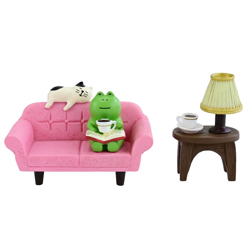 Mevodeata Cute Mini Frog Figurine with Small Sofa and Lamp Table Resin Figure for Office Home Decor for Frog Lovers (Pink Sofa) - Image 1