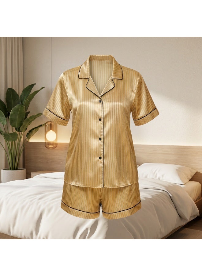 LADY Women's Yellow Striped Satin Pajama Set – Button-Up Shirt & Shorts Sleepwear - Image 1