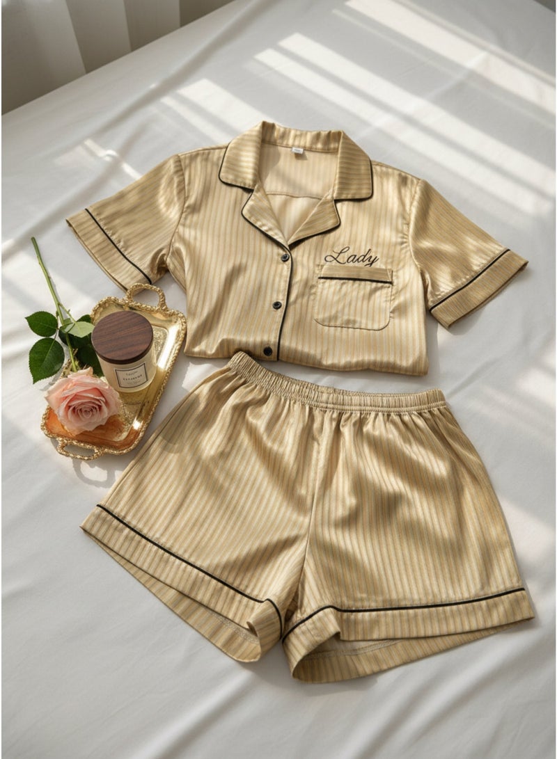 LADY Women's Yellow Striped Satin Pajama Set – Button-Up Shirt & Shorts Sleepwear - Image 2