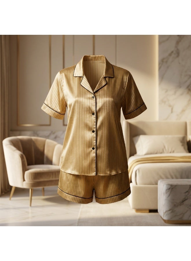 LADY Women's Yellow Striped Satin Pajama Set – Button-Up Shirt & Shorts Sleepwear - Image 5
