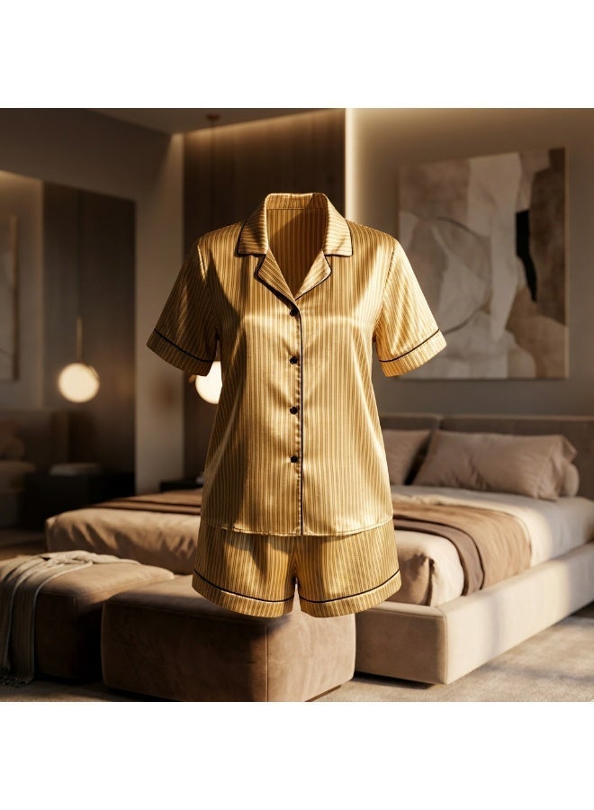 LADY Women's Yellow Striped Satin Pajama Set – Button-Up Shirt & Shorts Sleepwear - Image 3