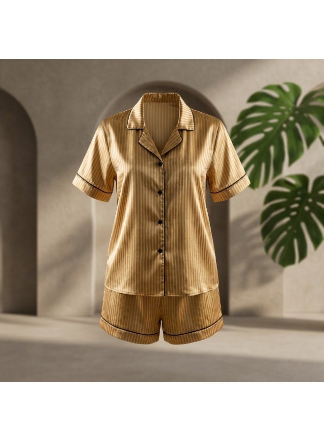 LADY Women's Yellow Striped Satin Pajama Set – Button-Up Shirt & Shorts Sleepwear - Image 4