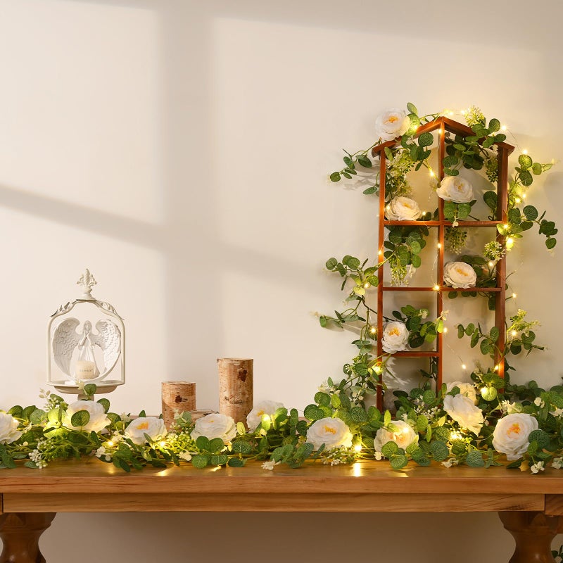 Dolicer 2Pcs 13Ft Artificial Eucalyptus Garlands with Flowers - 8 Camellias  Faux Floral Greenery Garlands with 13Ft String Lights Fake Flowers Vines for Wedding Centerpieces Arch Party Decor (White) - Image 4