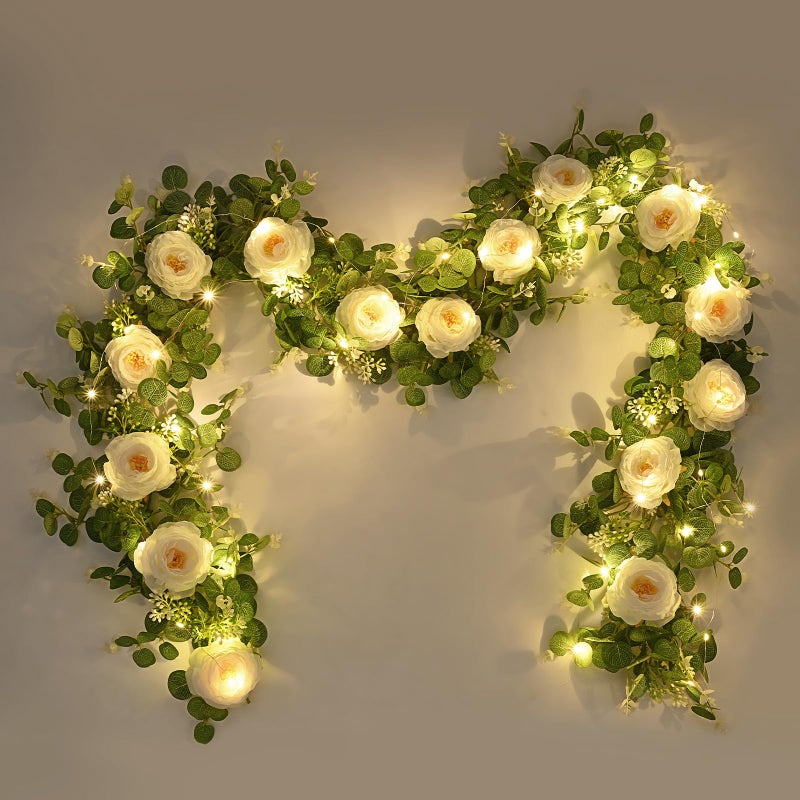 Dolicer 2Pcs 13Ft Artificial Eucalyptus Garlands with Flowers - 8 Camellias  Faux Floral Greenery Garlands with 13Ft String Lights Fake Flowers Vines for Wedding Centerpieces Arch Party Decor (White) - Image 1
