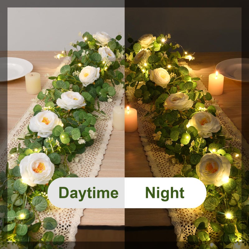 Dolicer 2Pcs 13Ft Artificial Eucalyptus Garlands with Flowers - 8 Camellias  Faux Floral Greenery Garlands with 13Ft String Lights Fake Flowers Vines for Wedding Centerpieces Arch Party Decor (White) - Image 2
