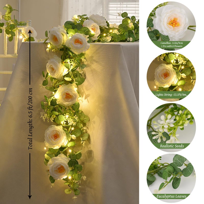 Dolicer 2Pcs 13Ft Artificial Eucalyptus Garlands with Flowers - 8 Camellias  Faux Floral Greenery Garlands with 13Ft String Lights Fake Flowers Vines for Wedding Centerpieces Arch Party Decor (White) - Image 5