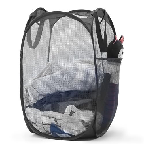 TECHMILLY Upgraded 105L Collapsible Mesh Pop Up Laundry Hamper with Sturdy Handles and Side Pocket Portable Foldable Clothes Baskets for Dorm Bathroom Travel Storage Black Plus - Image 1