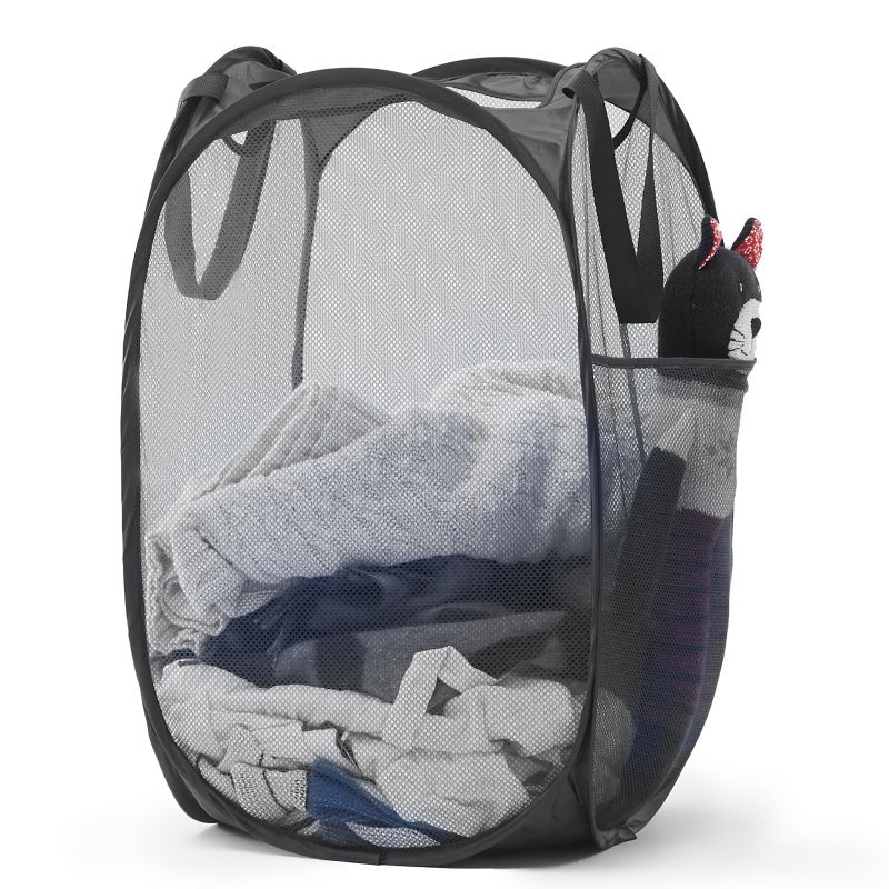 TECHMILLY Upgraded 105L Collapsible Mesh Pop Up Laundry Hamper with Sturdy Handles and Side Pocket Portable Foldable Clothes Baskets for Dorm Bathroom Travel Storage Black Plus - Image 2