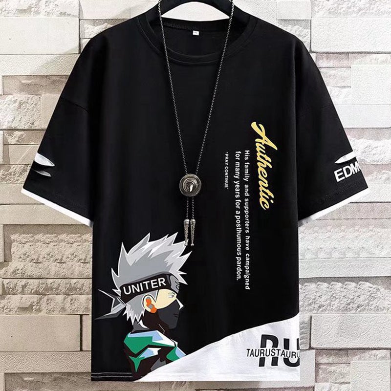 Color matching cartoon printed short-sleeved T-shirt men's summer loose t-shirt half-sleeved T-shirt youth top men's bottoming shirt - Image 1