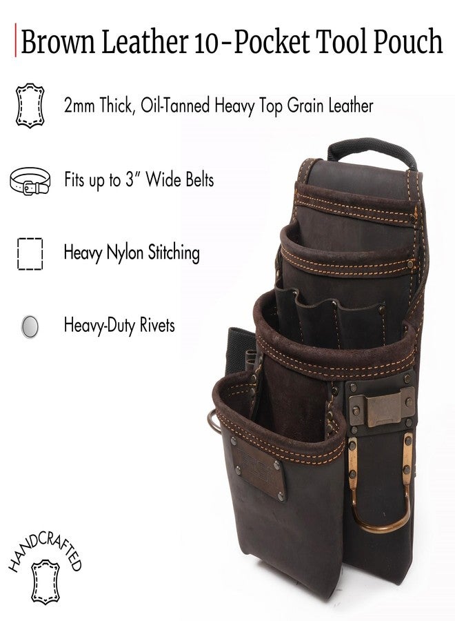 FESA Leather Carpenter Tool Pouch - 10-Pocket Heavy Top Grain Leather Carpenter Pouch with 2 Hammer Loops, Tape Clip, Large & Small Pockets - Fits Work Belts up to 3" - Handcrafted (Brown) - Image 2