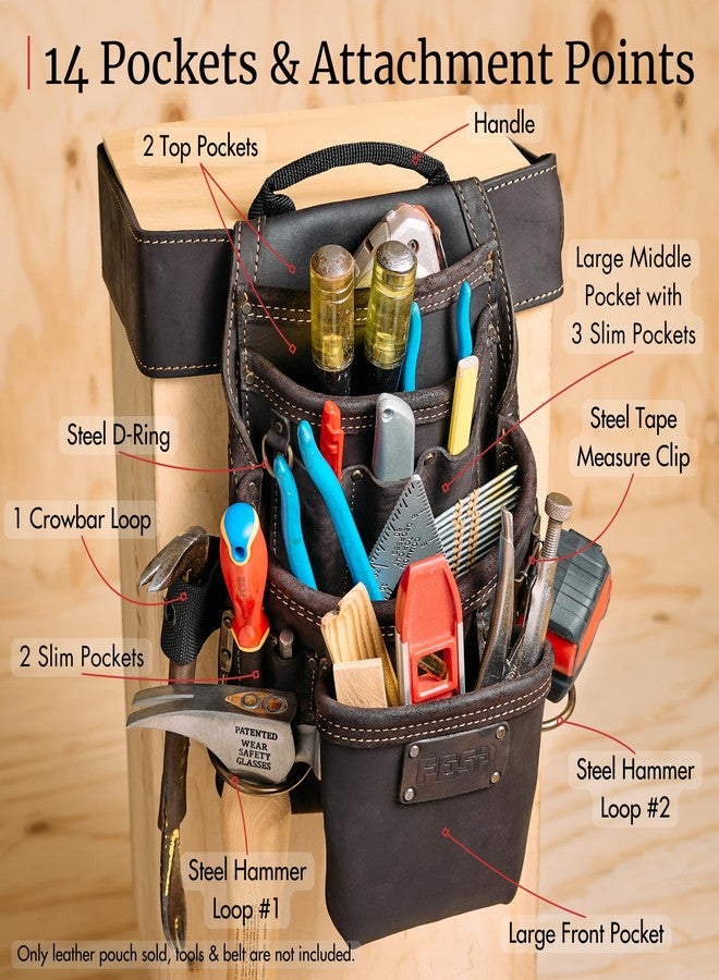 FESA Leather Carpenter Tool Pouch - 10-Pocket Heavy Top Grain Leather Carpenter Pouch with 2 Hammer Loops, Tape Clip, Large & Small Pockets - Fits Work Belts up to 3" - Handcrafted (Brown) - Image 4
