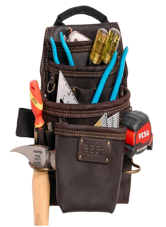 FESA Leather Carpenter Tool Pouch - 10-Pocket Heavy Top Grain Leather Carpenter Pouch with 2 Hammer Loops, Tape Clip, Large & Small Pockets - Fits Work Belts up to 3" - Handcrafted (Brown) - Image 1