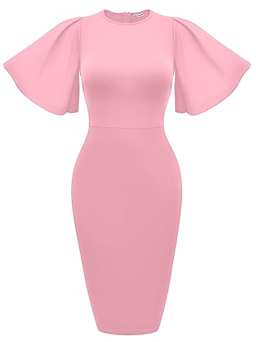 Memoriesea Women's Basic Bodycon Ruffle Flared Short Sleeve Pencil Midi Dress Pink - Image 1