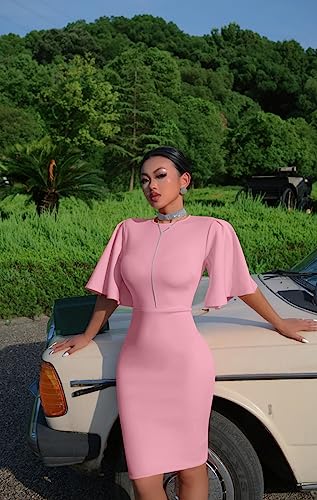 Memoriesea Women's Basic Bodycon Ruffle Flared Short Sleeve Pencil Midi Dress Pink - Image 5