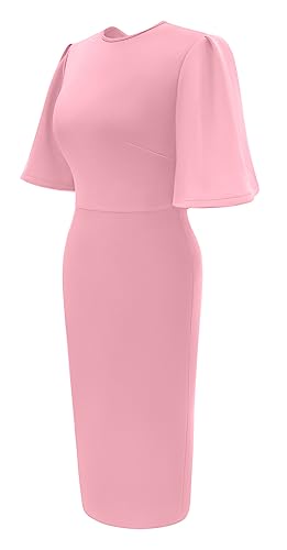 Memoriesea Women's Basic Bodycon Ruffle Flared Short Sleeve Pencil Midi Dress Pink - Image 2