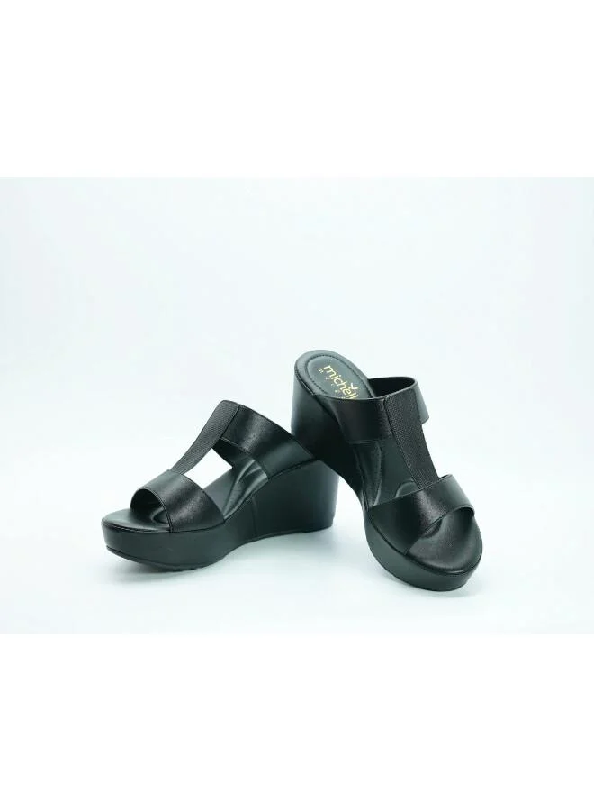 ميشيل مورجان 092-3118 Michelle Morgan Women's T Bar Wedge Heel Sandals 514RJ338 Black