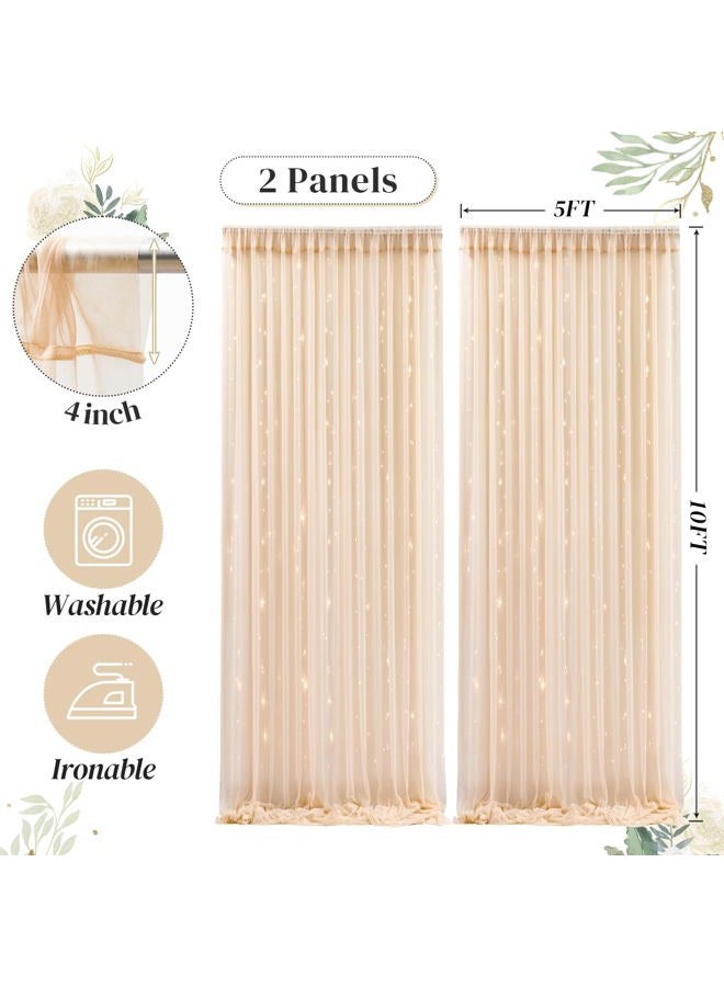 Shillance 10ft x 10ft Champagne Backdrop Curtain Panels with Lights String for Parties, Sheer Tulle Wedding Backdrop Drapes for Baby Shower Birthday Party Home Decorations - Image 5