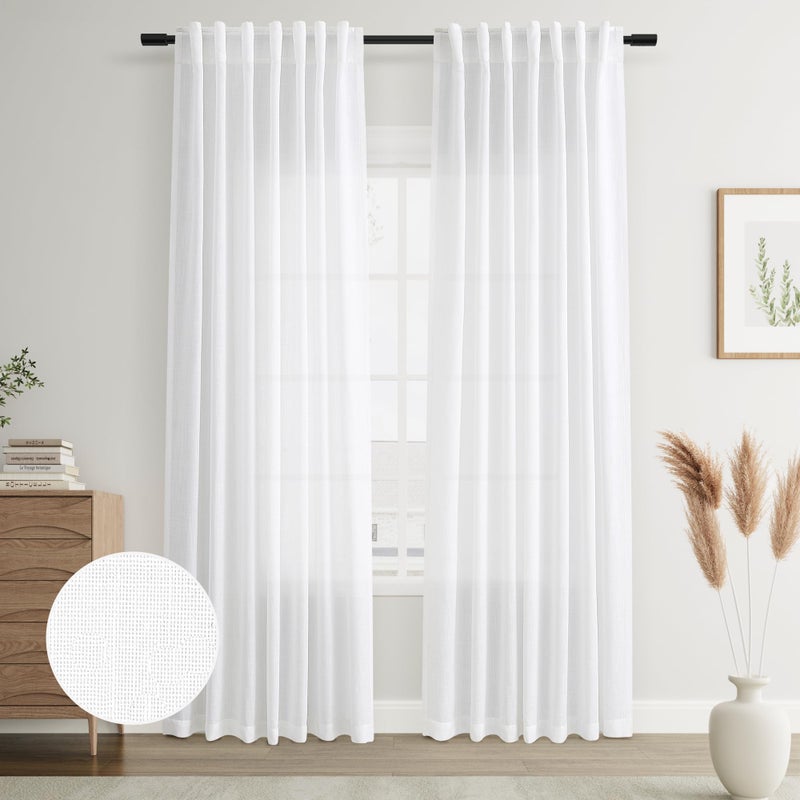 Joywell White Back Tab Rod Pocket Linen Curtains 90 Inches Long 2 Panels for Living Room Bedroom Neutral Boho Farmhouse Rustic Light Filtering Semi Sheer Curtains Window Treatment 52x90 - Image 1