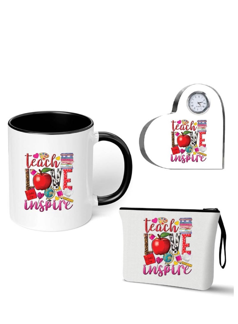 PRINTSHOP4ME Teacher's Day Pack of 3 Combo Pack - Heart Shape Crystal Clock, Black Ceramic Coffee Mug and Cosmetic Bag - Teacher's Day Gift Set - Gift for World Teachers Day  - Image 1