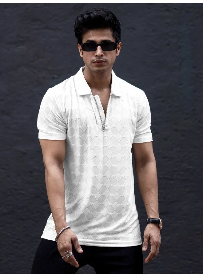 Maniac Maniac Mens Textured Polo Neck Half Sleeve White Half Zipper Cotton Lycra Blend T-Shirt