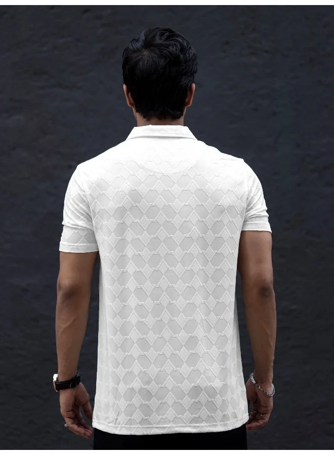 Maniac  Maniac Mens Textured Polo Neck Half Sleeve White Half Zipper Cotton Lycra Blend T-Shirt for Men | Best Price UAE