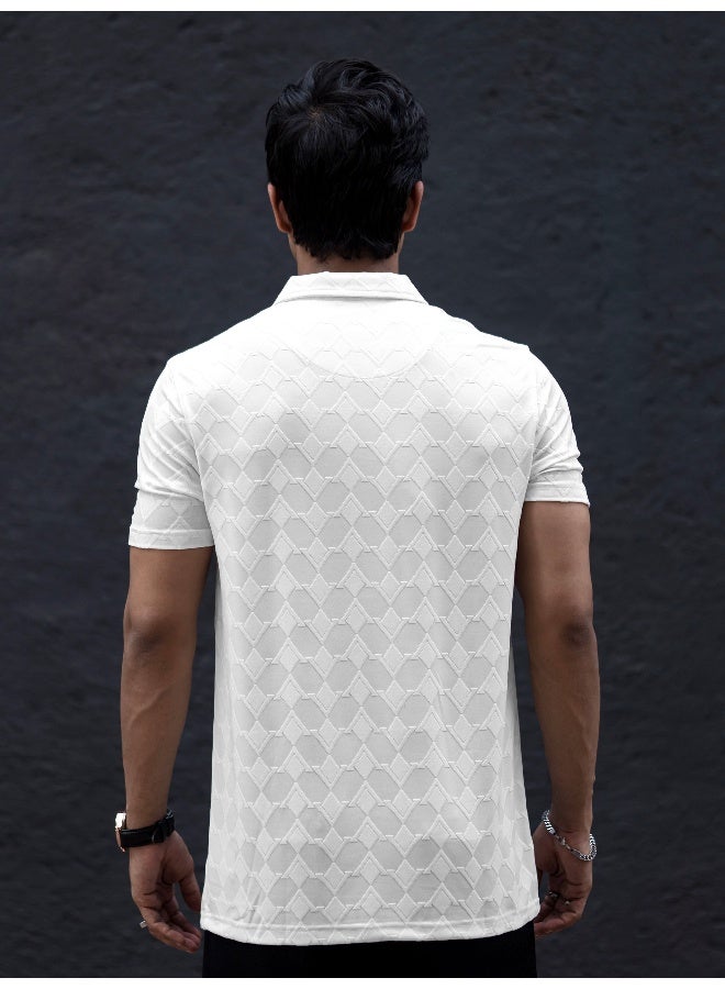 Maniac Mens textured polo neck half sleeve white half zipper cotton lycra blend t-shirt - Image 3