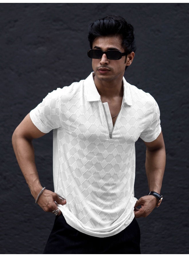 Maniac Mens textured polo neck half sleeve white half zipper cotton lycra blend t-shirt - Image 1