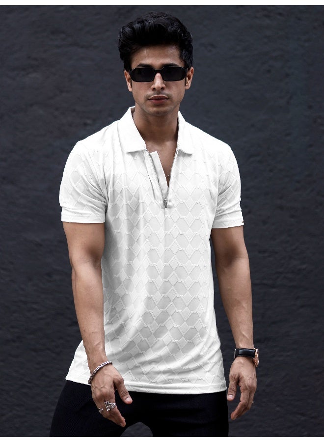 Maniac Mens textured polo neck half sleeve white half zipper cotton lycra blend t-shirt - Image 2