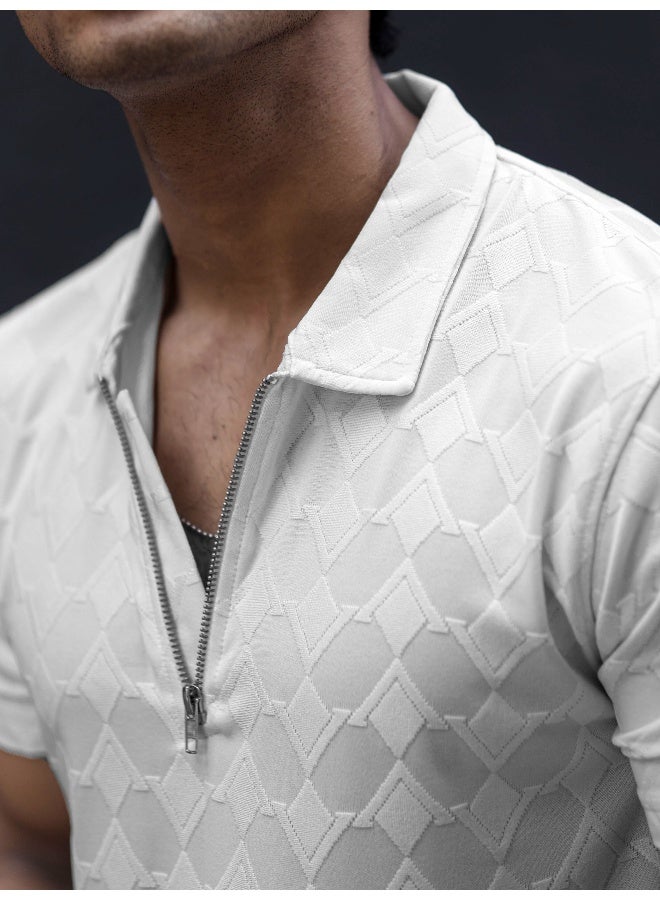 Maniac Mens textured polo neck half sleeve white half zipper cotton lycra blend t-shirt - Image 5