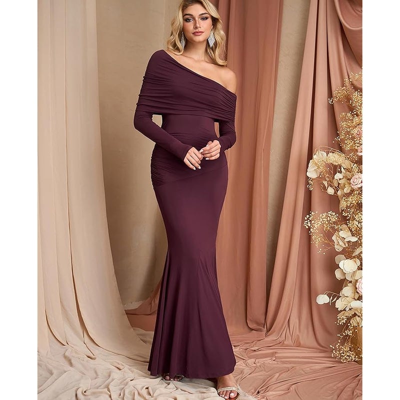 GLNEGE Off The Shoulder Fall Wedding Guest Formal Dress Long Sleeve Ruched Bodycon Maxi Cocktail Party Dresses for Women - Image 2