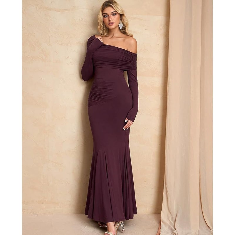 GLNEGE Off The Shoulder Fall Wedding Guest Formal Dress Long Sleeve Ruched Bodycon Maxi Cocktail Party Dresses for Women - Image 5