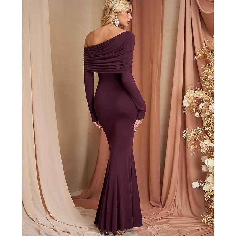 GLNEGE Off The Shoulder Fall Wedding Guest Formal Dress Long Sleeve Ruched Bodycon Maxi Cocktail Party Dresses for Women - Image 3
