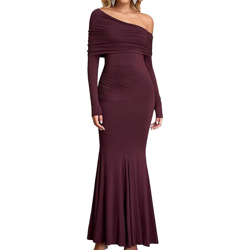 GLNEGE Off The Shoulder Fall Wedding Guest Formal Dress Long Sleeve Ruched Bodycon Maxi Cocktail Party Dresses for Women - Image 1