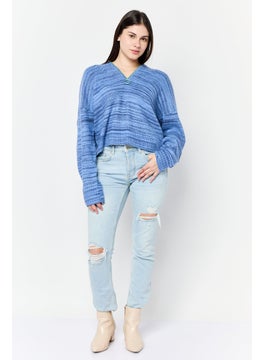 Aerie Women Spread Collar Knitted Sweater, Blue  - Image 2