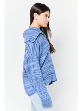 Aerie Women Spread Collar Knitted Sweater, Blue  - Image 3