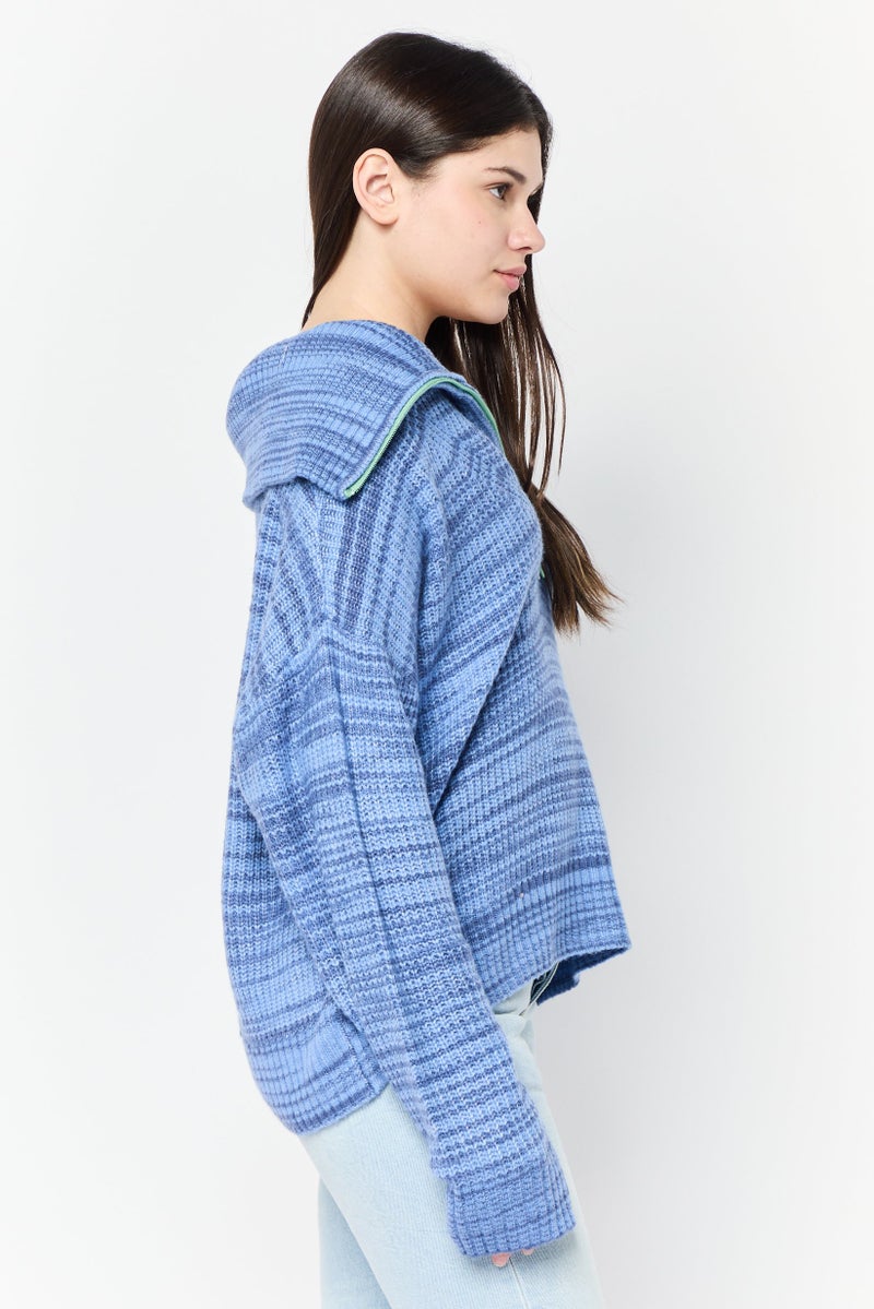 Aerie سويت شيرت محبوك بياقة منتشرة للنساء، أزرق - Image 3