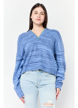 Aerie Women Spread Collar Knitted Sweater, Blue  - Image 1