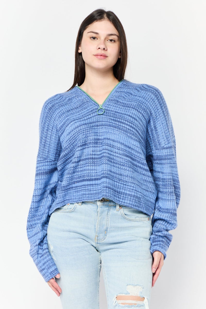 Aerie سويت شيرت محبوك بياقة منتشرة للنساء، أزرق - Image 1