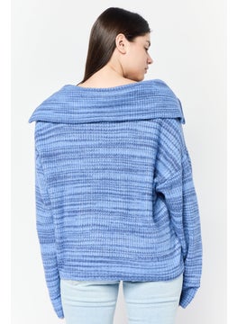 Aerie Women Spread Collar Knitted Sweater, Blue  - Image 4
