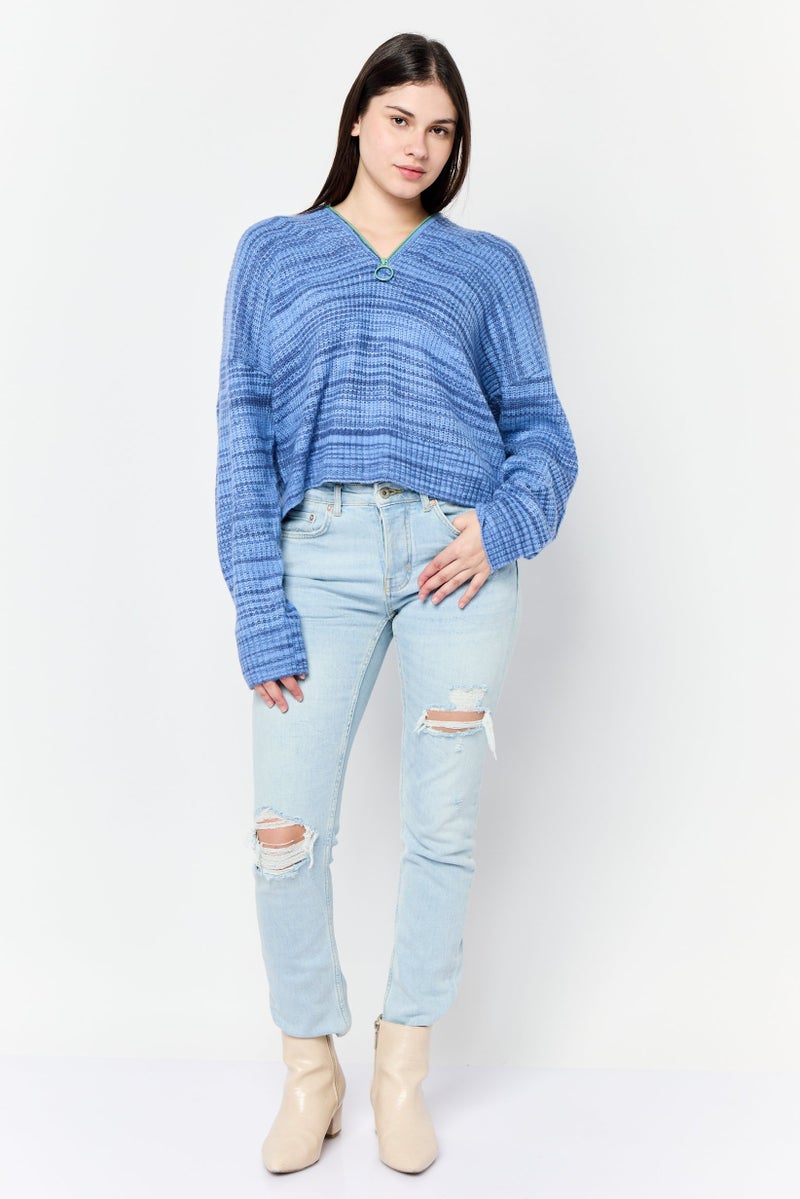 Aerie سويت شيرت محبوك بياقة منتشرة للنساء، أزرق - Image 2