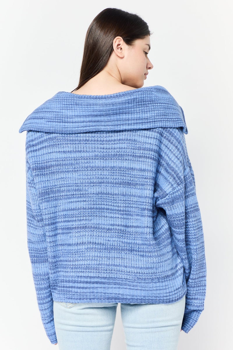 Aerie سويت شيرت محبوك بياقة منتشرة للنساء، أزرق - Image 4