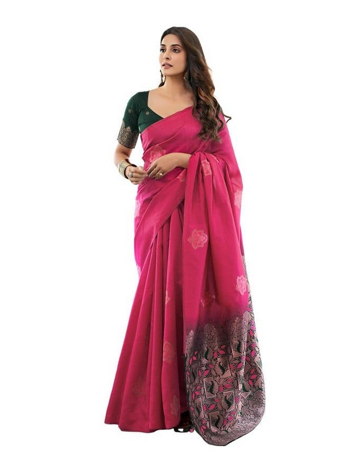 SIRIL ساري سيريلي للنساء من قماش كانجيفارام الحرير الناعم حرير نقي مع قطعة بلوز غير مخيطة (3696S109 - وردي داكن ساخن) - Image 1