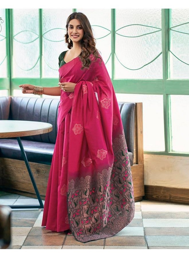 SIRIL ساري سيريلي للنساء من قماش كانجيفارام الحرير الناعم حرير نقي مع قطعة بلوز غير مخيطة (3696S109 - وردي داكن ساخن) - Image 3