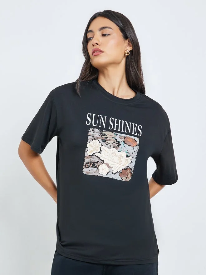 Styli Styli Black Graphic Floral Print Short Sleeve T-Shirt