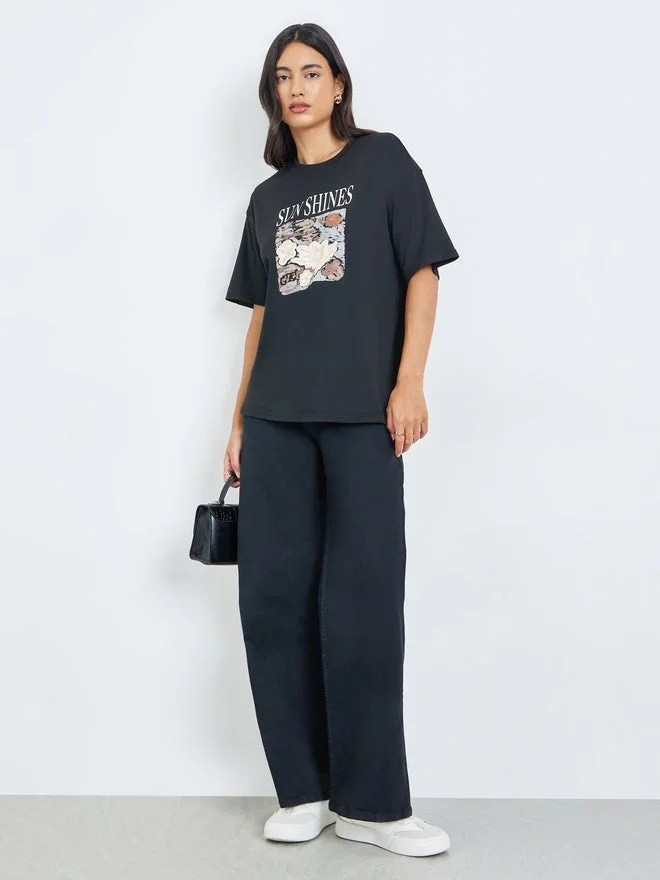 Styli Styli Black Graphic Floral Print Short Sleeve T-Shirt