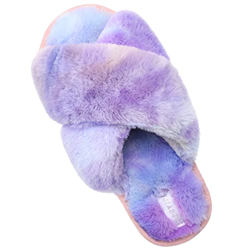 JIASUQI Women's Cross Plush Fuzzy House Slippers Fur Furry Slide Sandals Memory Foam Bedroom Summer Slippers for Women Purple Colorful 8-9 - Image 1