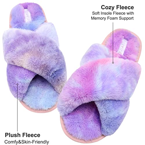 JIASUQI Women's Cross Plush Fuzzy House Slippers Fur Furry Slide Sandals Memory Foam Bedroom Summer Slippers for Women Purple Colorful 8-9 - Image 2