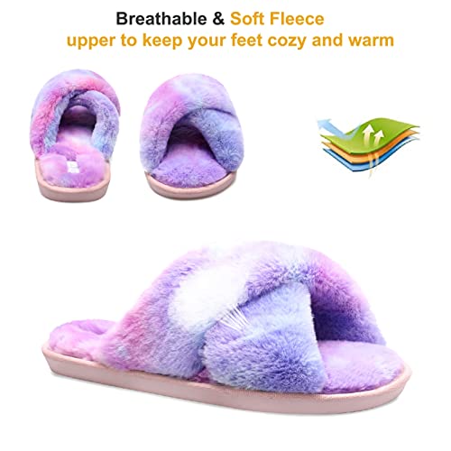 JIASUQI Women's Cross Plush Fuzzy House Slippers Fur Furry Slide Sandals Memory Foam Bedroom Summer Slippers for Women Purple Colorful 8-9 - Image 3