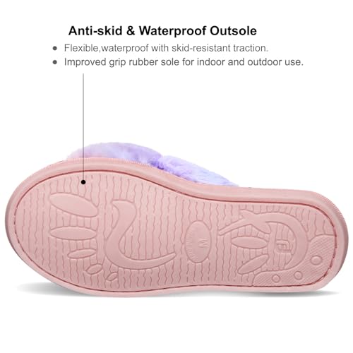 JIASUQI Women's Cross Plush Fuzzy House Slippers Fur Furry Slide Sandals Memory Foam Bedroom Summer Slippers for Women Purple Colorful 8-9 - Image 5
